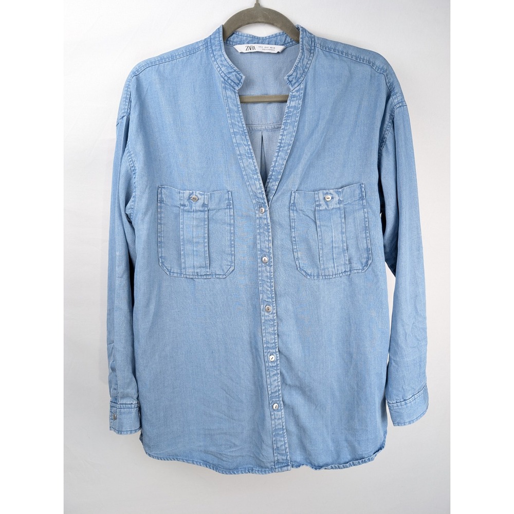 Zara Womens Chambray Denim Button Shirt Size S Blue Long Sleeve 100% Lyocell